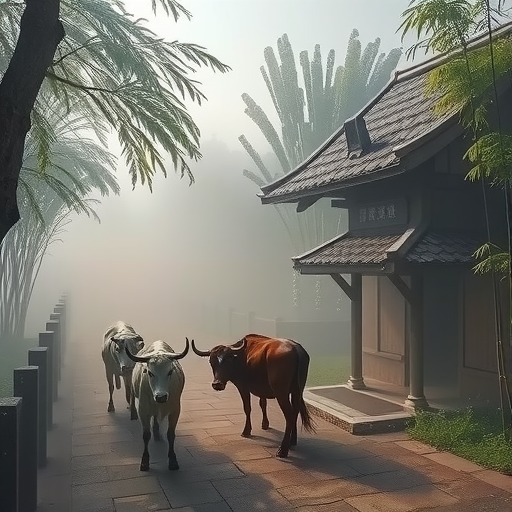 初秋山村清晨：雾气缭绕中的水牛捉趣