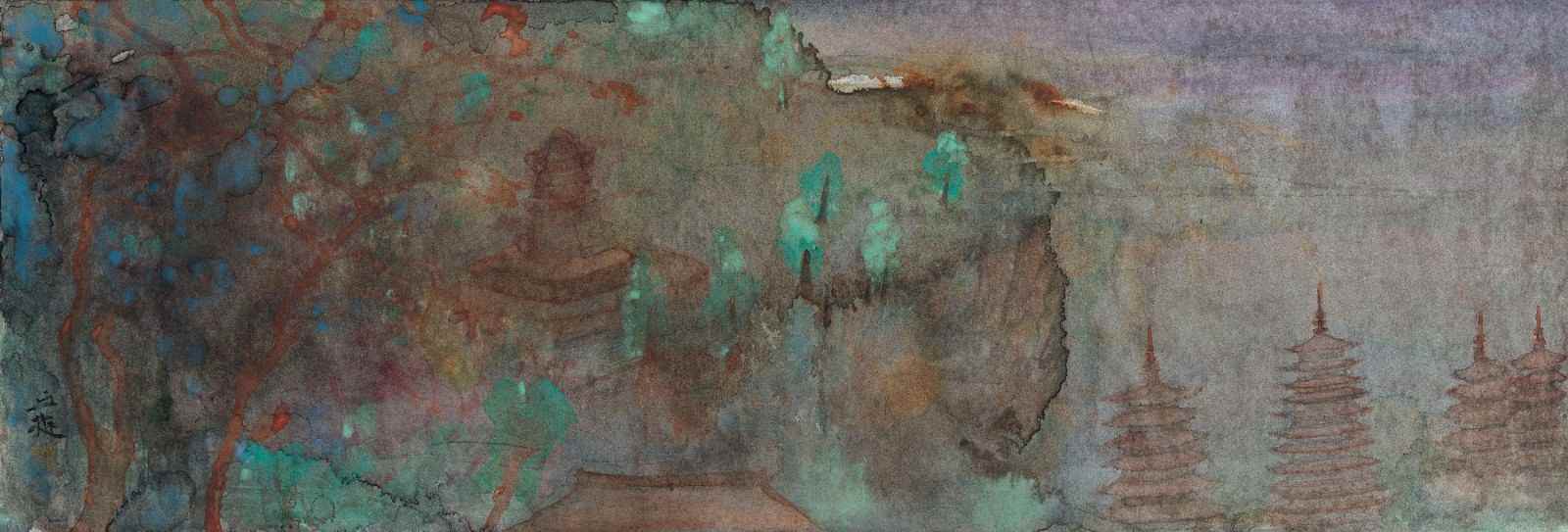 银山塔林,银笺设色,34×100cm,2021年.jpg 银山塔林,银笺设色,34×100cm,2021年.jpg